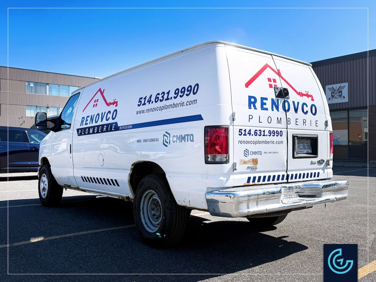 Vehicle lettering on a van 2014 Ford Econoline Extended for the plumbing division of the general contractor Renovco.