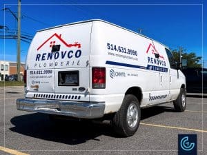 Vehicle lettering on a van 2014 Ford Econoline Extended for the plumbing division of the general contractor Renovco.