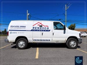 Vehicle lettering on a van 2014 Ford Econoline Extended for the plumbing division of the general contractor Renovco.