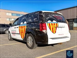 Vehicle partial wrap and lettering on a minivan 2015 Dodge Caravan Passenger for the academy soccer Valencia CF Canada.