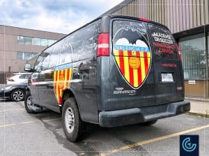 Vehicle partial wrap on a 2015 GMC Savana, Passenger version, for the soccer academy Valencia CF.
