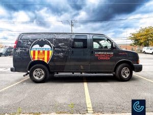 Vehicle partial wrap on a 2015 GMC Savana, Passenger version, for the soccer academy Valencia CF.