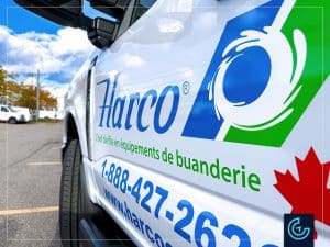 Pickup truck partial wrap and lettering of a 2024 Ford F-250 Regular Cab Long Bed with a Maranda truck cap V-375 for the commercial laundry equipments distributor Harco Canada.