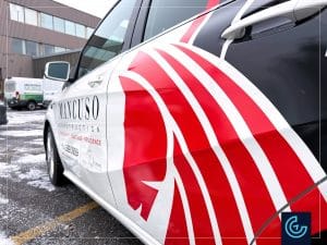 Partial vehicle wrap and lettering on a subcompact 2015 Mercedes-Benz B250 for the general contractor Innovations Mancuso.