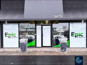 Temporary window graphics “For rent” printed and installed for the 3 stores located on Boul. Côte-Vertu, Saint-Laurent managed by the property management company Epic Quebec.