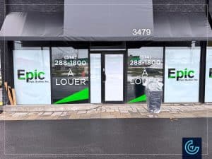 Temporary window graphics “For rent” printed and installed for the 3 stores located on Boul. Côte-Vertu, Saint-Laurent managed by the property management company Epic Quebec.
