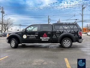 Pick-up truck lettering with a LEER toolbox cap for the Benjamin Moore store in Beaconsfield owned by the hardware shop The Hub.
