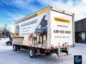 Cargo truck wrap and lettering of an Isuzu NRR truck with a 20-foot transport box for Moving Up Company.