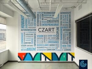 Graphique mural imprimé et installé pour le bureau de l'école d'entrepreneuriat artistique CZart Academy.