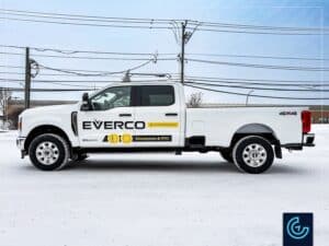 Pickup truck lettering of a 2025 Ford F-250 Super Duty Crew Cab Long Bed for the windows and doors manufacturer Everco.