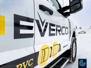 Pickup truck lettering of a 2025 Ford F-250 Super Duty Crew Cab Long Bed for the windows and doors manufacturer Everco.