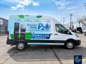 Commercial van wrap designed, printed and installed on a 2025 Ford Transit High Roof for the commercial and residential water filters distributor P2O Water Service.