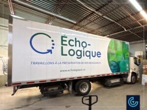 Branding vehicle lettering designed, printed and installed for a vehicle fleet comprising 15 transportation cargo trucks with different sizes of the recycling company Écho-logique.