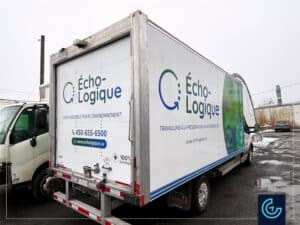 Branding vehicle lettering designed, printed and installed for a vehicle fleet comprising 15 transportation cargo trucks with different sizes of the recycling company Écho-logique.
