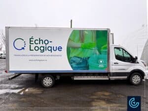 Branding vehicle lettering designed, printed and installed for a vehicle fleet comprising 15 transportation cargo trucks with different sizes of the recycling company Écho-logique.