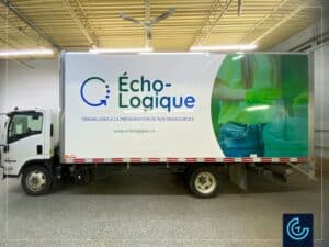 Branding vehicle lettering designed, printed and installed for a vehicle fleet comprising 15 transportation cargo trucks with different sizes of the recycling company Écho-logique.