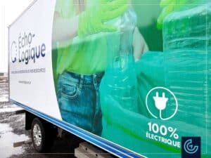 Branding vehicle lettering designed, printed and installed for a vehicle fleet comprising 15 transportation cargo trucks with different sizes of the recycling company Écho-logique.