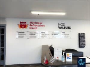 Graphique mural de valeurs fondamentales de l'entreprise, conçus, imprimés, fabriqués et installés pour le fournisseur de matériaux réfractaires Matériaux Réfractaires Direct.
