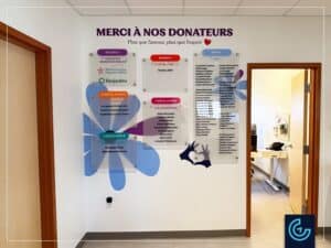 Custom donor recognition wall and directional wall graphics designed, printed and installed for the social services organization AIDI (Action Intégration en Déficience Intellectuelle) in Brossard.