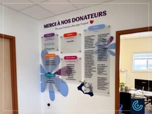 Mur de reconnaissance des donateurs sur mesure et graphiques muraux directionnels pour l’organisme de services sociaux AIDI (Action Intégration en Déficience Intellectuelle) à Brossard.