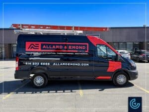 Habillage complet d'un fourgon de service d'un Ford Transit 2026, toit moyen, pour l'entrepreneur en CVC/génie climatisé Allard & Emond, avec leur nouvelle image de marque.