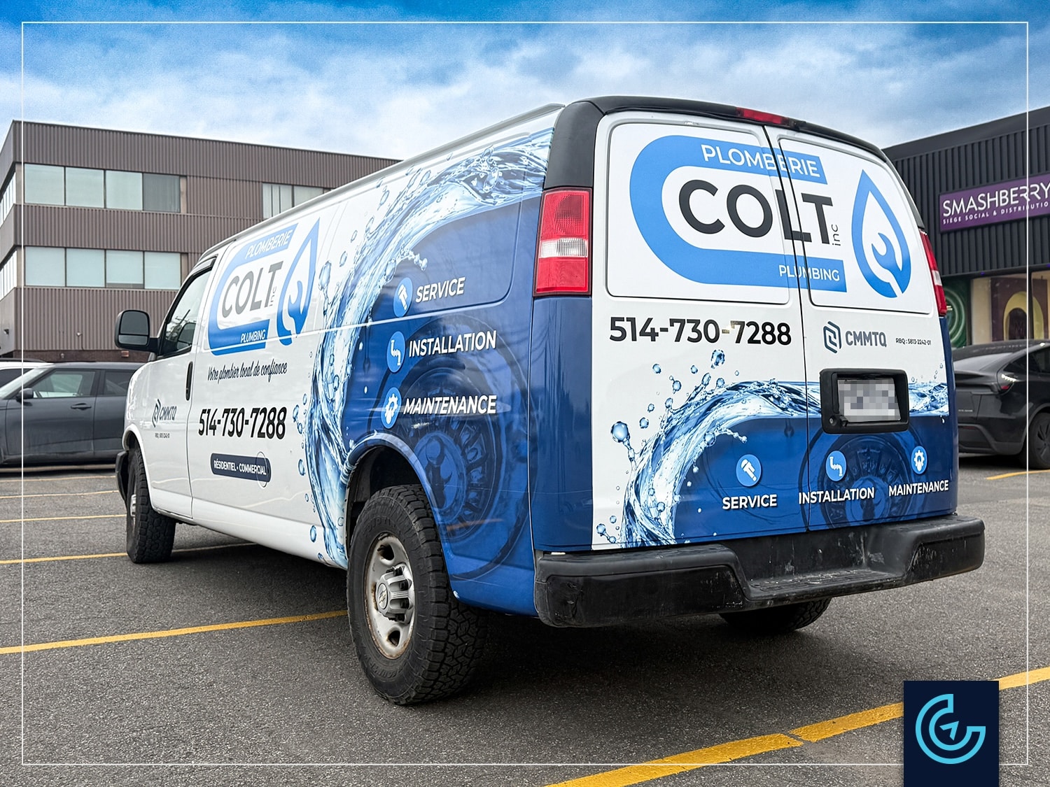 Habillage partiel et lettrage d'un fourgon Chevrolet Express 2021 pour le plombier Plomberie COLT.